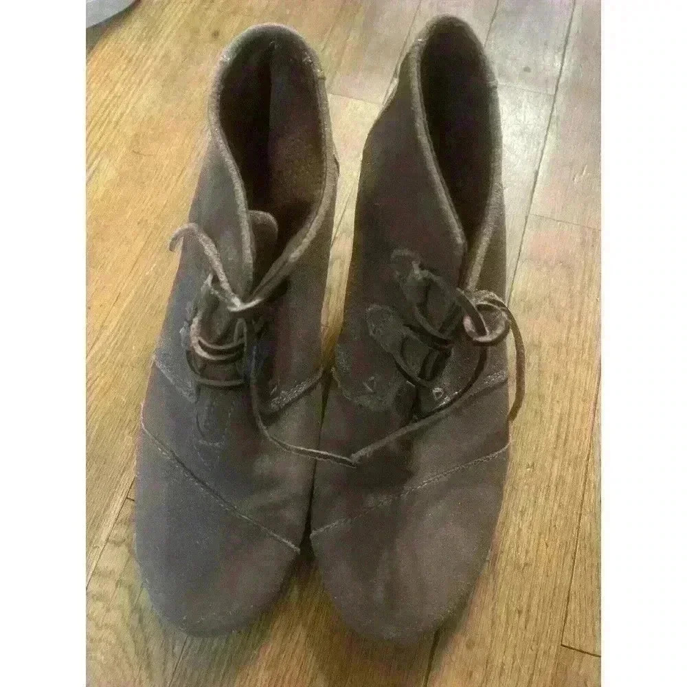 Toms Gray Suede Leather Lace Up Wedge Ankle Boots Shoes Women’s Size W8.5